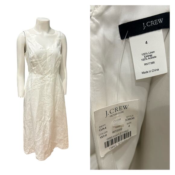NWT J.Crew White Linen Sleeveless Dress V-Neck Midi Summer Dress | Size 4 - - Picture 1 of 4